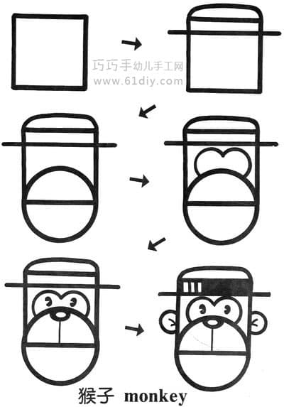 动物简笔画——猴子（方形变变变）
