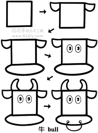动物简笔画——牛（方形变变变）