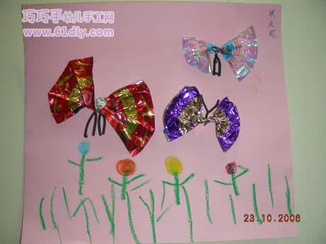幼儿环保手工——糖果纸蝴蝶