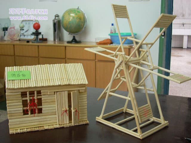 筷子手工作品——小屋和风车_其它一次性餐具手工_巧巧手幼儿手工