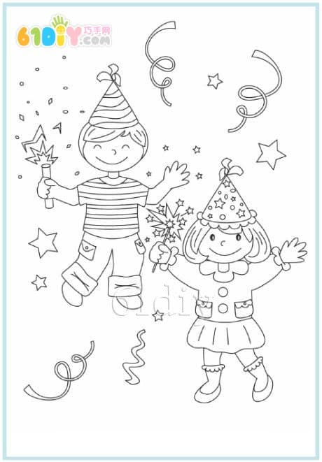 新年填色图——小男孩和小女孩