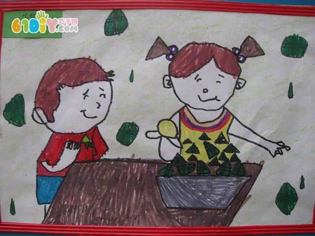 儿童画端午习俗——包粽子