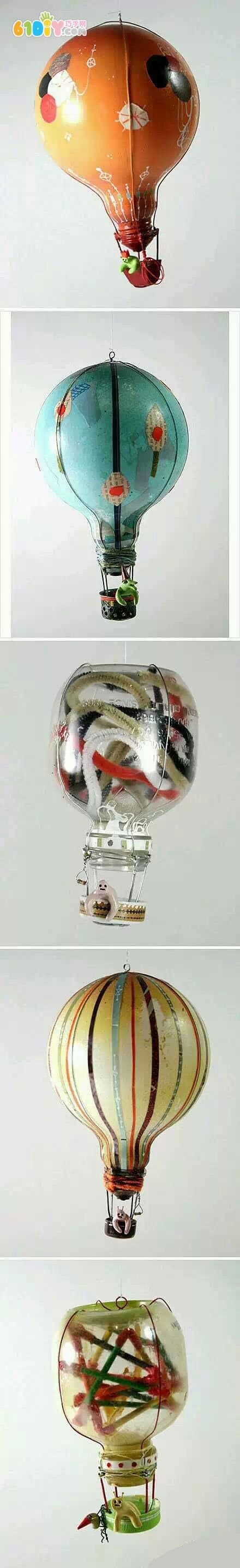 旧灯泡和小瓶子制作卡通热气球
