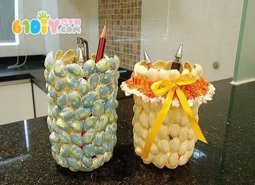 开心果壳废物利用制作笔筒和花瓶