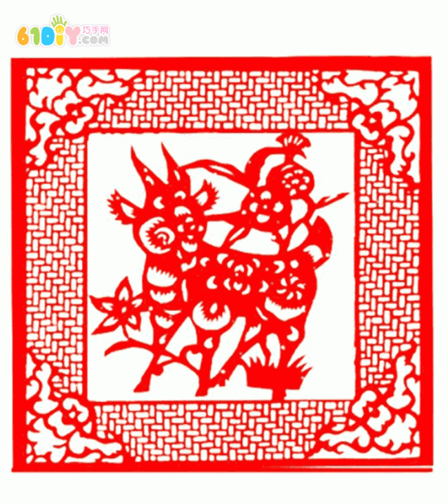 方形窗花剪纸羊图案