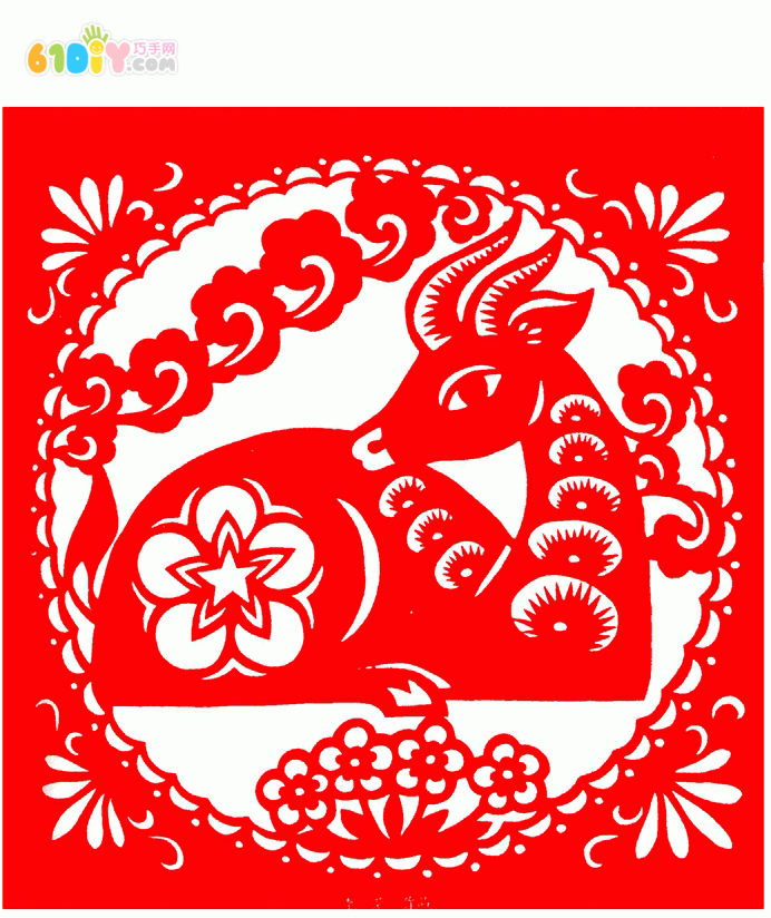 方形窗花剪纸羊图案