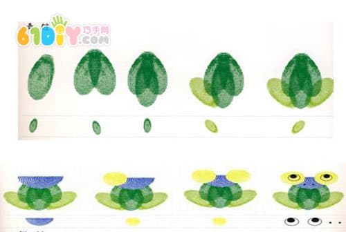 美丽的池塘指印画 荷花 青蛙 蝌蚪 小鱼