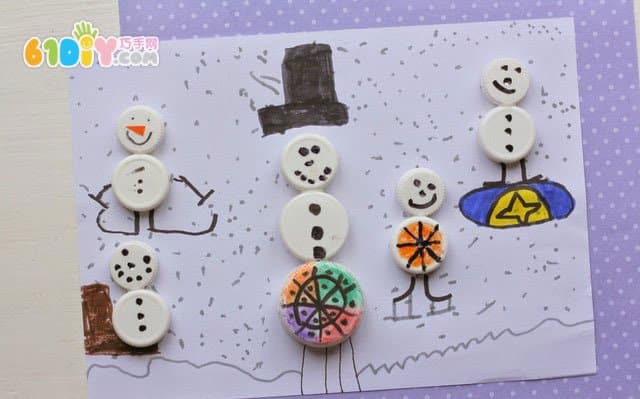 瓶盖DIY制作雪人挂件和雪人贴画