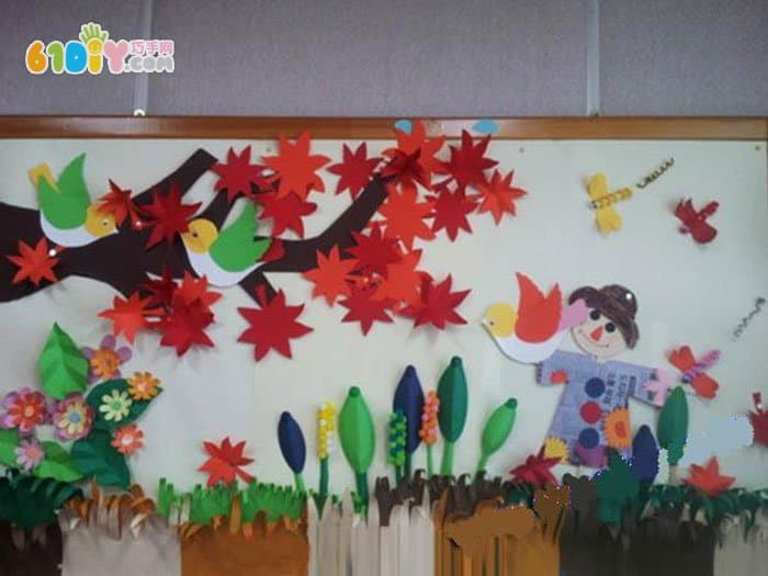 秋天墙面设计 枫叶树和稻草人