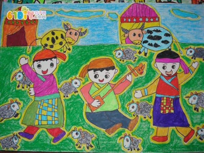 少数民族载歌载舞儿童绘画作品