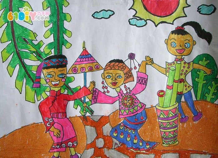少数民族载歌载舞儿童绘画作品