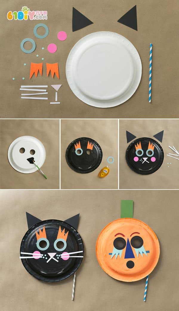 万圣节儿童手工 纸盘制作黑猫和南瓜人面具