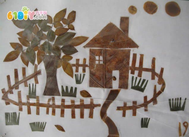 房子树叶贴画——乡村小屋
