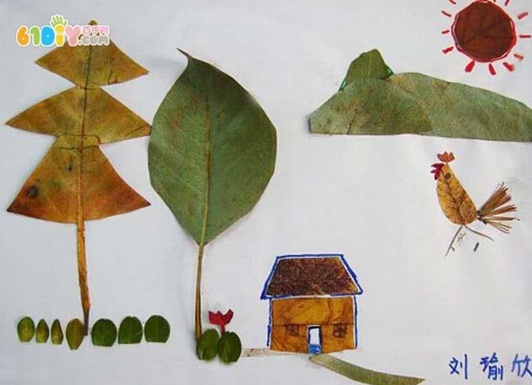 房子树叶贴画——乡村小屋