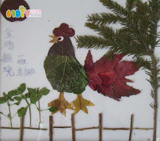 关于鸡的树叶贴画作品