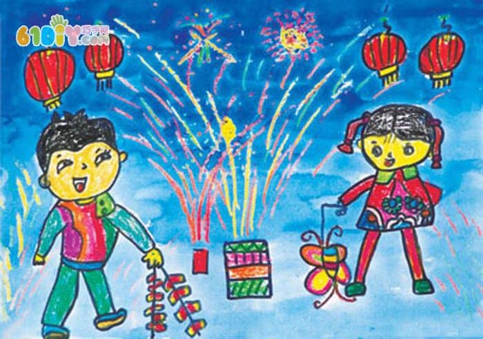儿童新年画作品 放烟花鞭炮