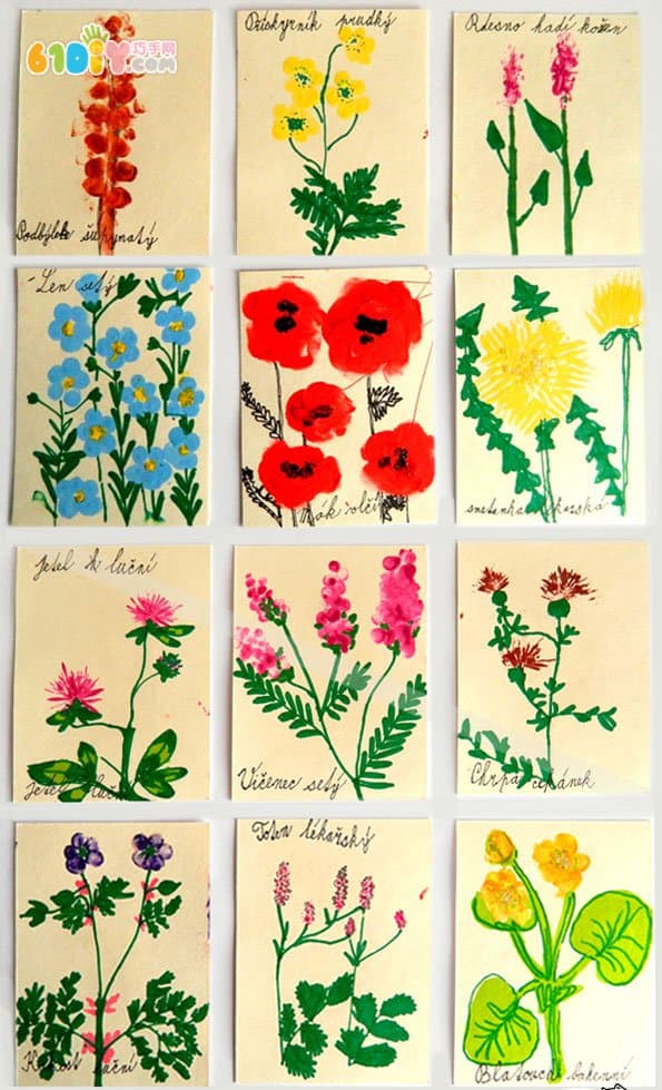 用手指画各种各样的花朵植物