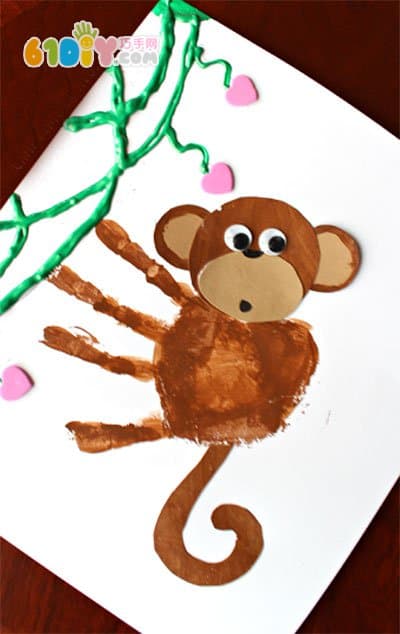 创意儿童手工 呆萌手印小猴子贴画_手印画_巧巧手幼儿手工网