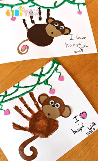 创意儿童手工 呆萌手印小猴子贴画