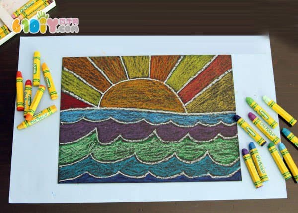 幼儿油画棒绘画 美丽的海上日出