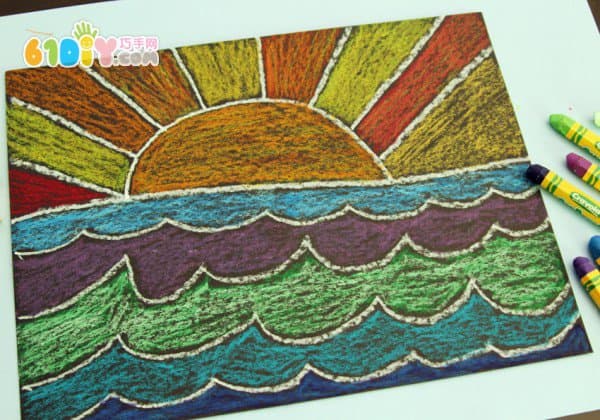 幼儿油画棒绘画 美丽的海上日出
