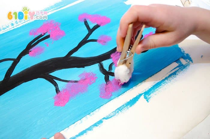 儿童创意绘画桃树 棉花球印手工