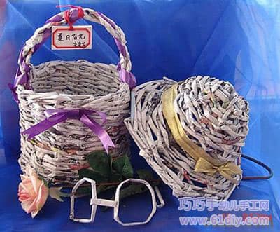 旧报纸手工作品——帽子和篮子