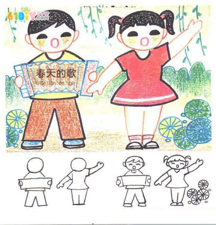 人物简笔画 唱歌的小男孩和小女孩